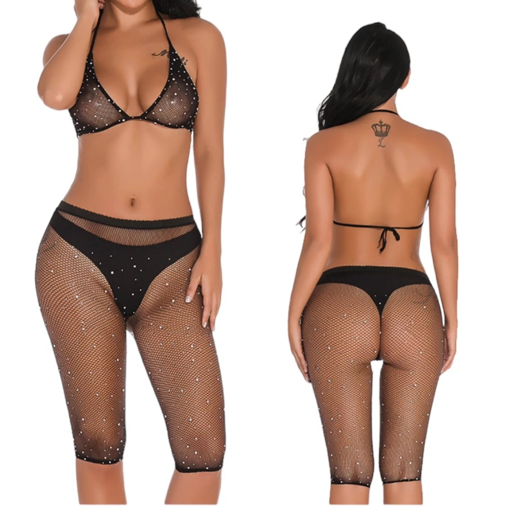 Sexy‎ Black Fishnet Rhinestone Set